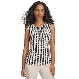 Womens Pleated-Neck Abstract-Striped Top