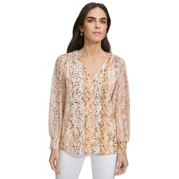 Womens Printed V-Neck Blouson-Sleeve Top