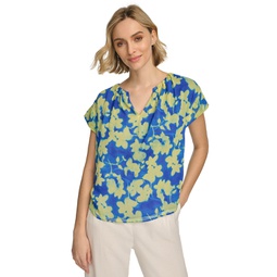 Womens Short Sleeve Floral-Print Blouse