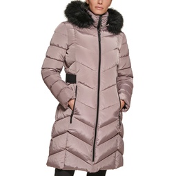 Womens Faux-Fur-Trim-Hooded Puffer Coat