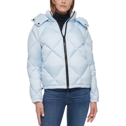 Womens Quilted Cropped Hooded Puffer Coat
