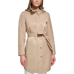Womens Zip-Front Hooded Belted Raincoat