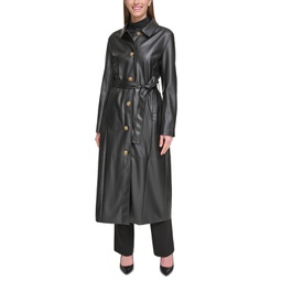 Womens Belted Faux-Leather Trench Coat
