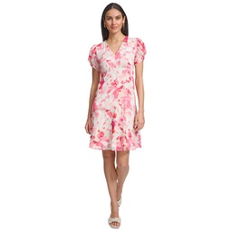 Womens Printed V-Neck Short-Sleeve A-Line Dress