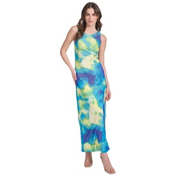 Womens Printed Ruched Maxi Dress