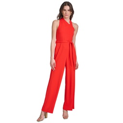 Womens Belted Flare-Leg Jumpsuit