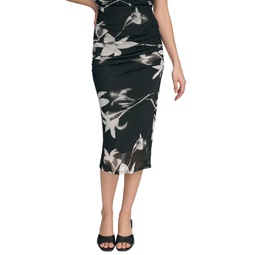 Womens Printed Ruched Pull-On Skirt