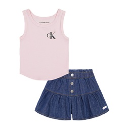 Little Girls Scoop Neck Logo Tank and Peplum Denim Skort 2 Piece Set