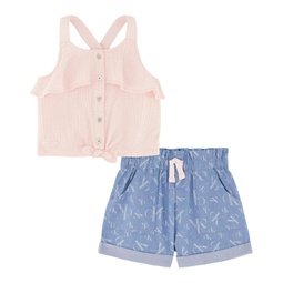 Little Girls Muslin Tie-Front Halter Top and Chambray Cargo Shorts 2 Piece Set
