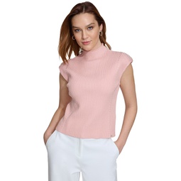 Womens Mock-Neck Ribbed Extended-Shoulder Sweater