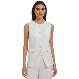 Womens Linen-Blend Collarless Vest
