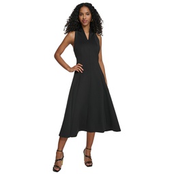 Womens V-Neck Scuba-Crepe A-Line Dress