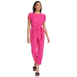 Womens Short-Sleeve Waist-Tie Jumpsuit