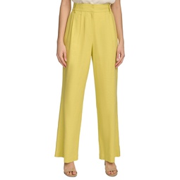 Womens Linen-Blend Wide Leg Pants