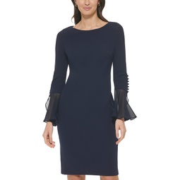 Womens Calvin Klein Scuba Crepe Dress with Chiffon Bell Sleeves