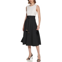 Calvin Klein Two-Tone Midi A-Line Dress with Belt