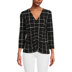 Ruched 3/4 Sleeve Plaid Top