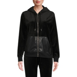 Faux Leather Pocket Zip Front Hoodie
