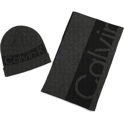 Calvin Klein Mens Negative CK Cuff Hat and Scarf Belly Band Set, Gunmetal Heather/Black Beauty