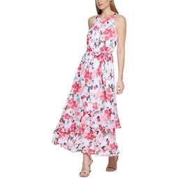womens floral print tea length halter dress