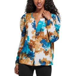 womens printed puff sleeves button-down top