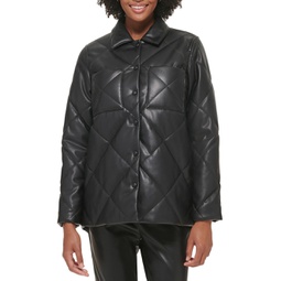 womens faux leather warm quilted coat