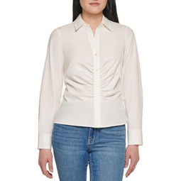 womens ruched collared button-down top
