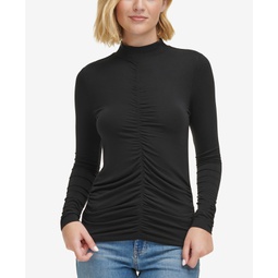 Womens Mock-Neck Shirred-Front Top