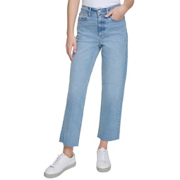 Womens Raw-Hem Straight-Leg Denim Jeans