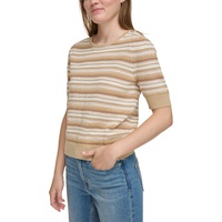 Womens Cotton Textured Stripe Elbow-Sleeve Sweater