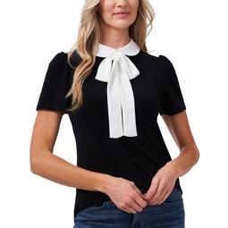 Womens Short Sleeve Collared Bow Neck Knit Top