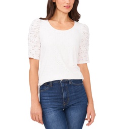 Womens Short Sleeve Eyelet-Embroidered Knit Top