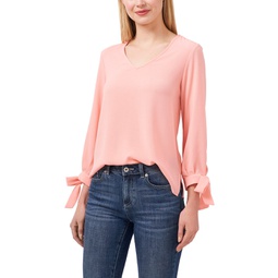 Womens Long Sleeve Bow Tie-Cuff V-Neck Blouse