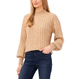 Womens Cable-Knit Mock Neck Bishop Sleeve Sweater