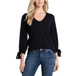 Womens Bow-Tie Cuff Long Sleeve V-Neck Sweater