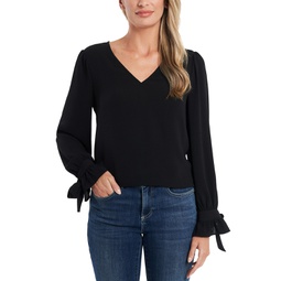 Womens Solid Long Sleeve V-Neck Tie Cuff Blouse