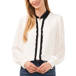 Womens Collared Ruffled Button-Front Blouse