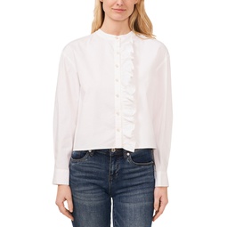 Womens Ruffled Button-Front Long-Sleeve Cropped Blouse