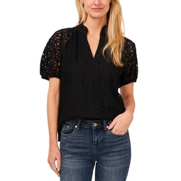 Womens Floral Lace Puff Sleeve Split Neck Top
