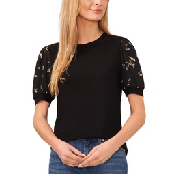 Womens Scattered Floral Mixed-Media Short-Sleeve Top