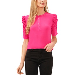 Womens Ruched Puff-Sleeve Henley Knit Top