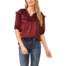 Womens Short Sleeve Shirred Yoke Top with Self Neck Tie