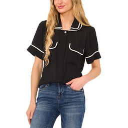 Womens Double Collar Tipped Short Sleeve Blouse