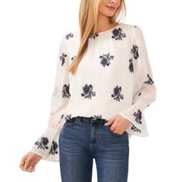 Womens Floral Print Smocked Cuff Blouse