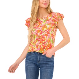 Womens Floral Print Double Ruffled Sleeve Crewneck Knit Top