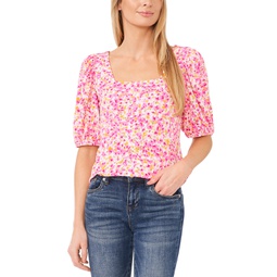 Womens Floral Print Square Neck Puff Sleeve Knit Top