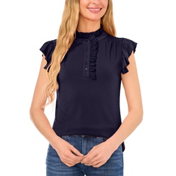 Womens Ruffled Front-Placket Cap-Sleeve Knit Top