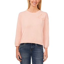 Womens Embellished Embroidered 3/4-Sleeve Sweater