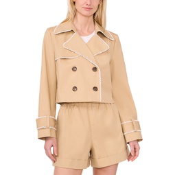 Womens Cropped Scallop-Trim Trench Jacket