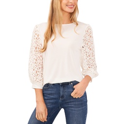 Womens Solid Lace-3/4-Sleeve Knit Crewneck Top